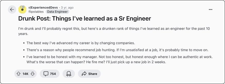 Excerpt from the top post in r/ExperiencedDevs about recruiter-driven retention