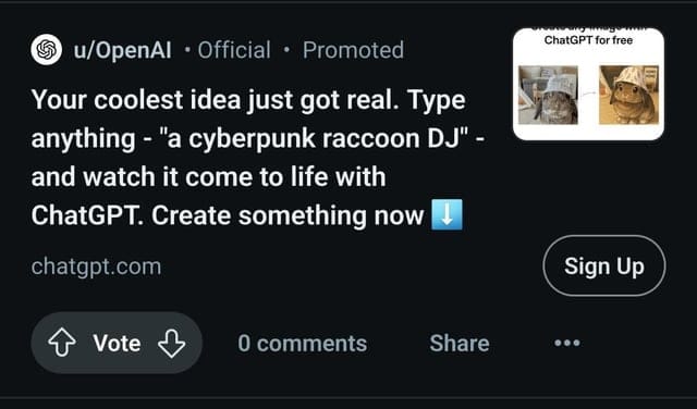 Promoted r/OpenAI post inviting users to imagine a cyberpunk raccoon DJ